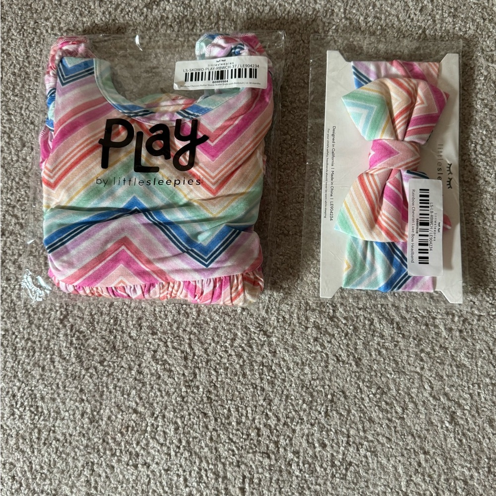Little Sleepies Play Twirl Bodysuit Dress and matching bow - NIB